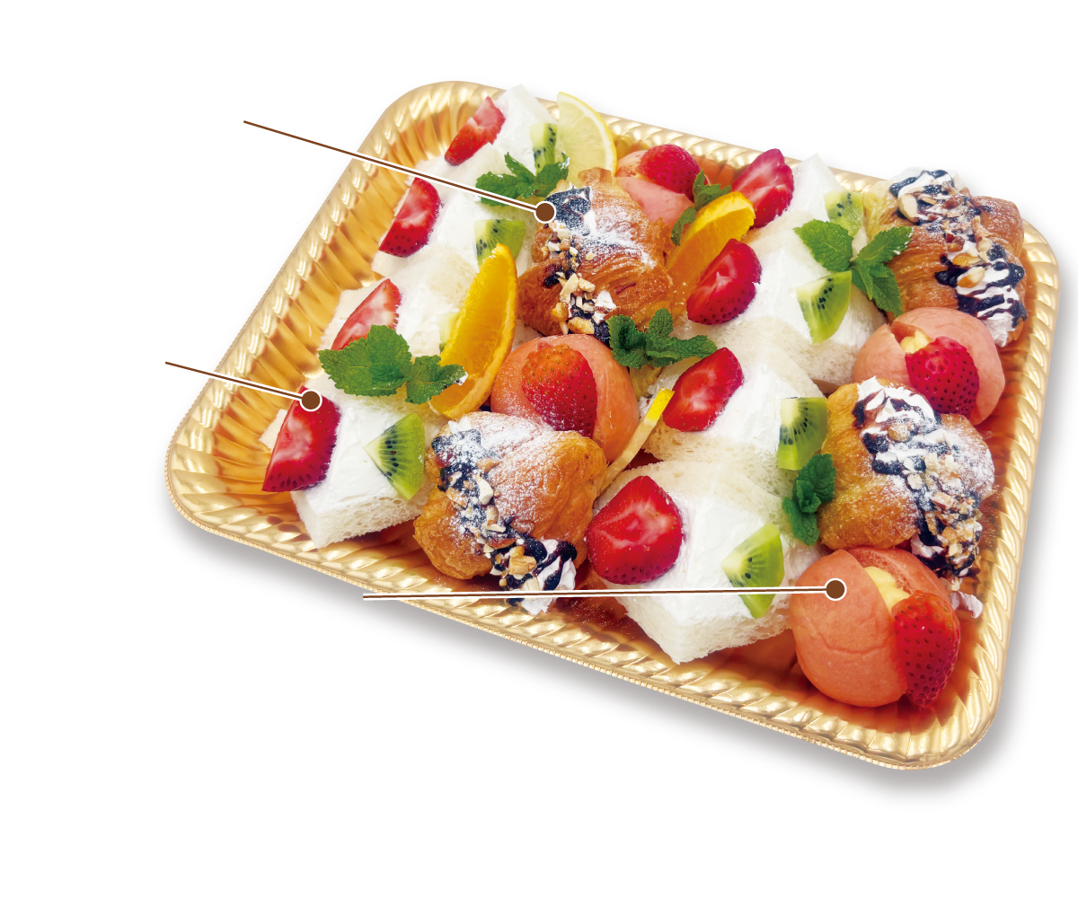 Assorted fruit-topped sandwiches on a gold tray with strawberries, kiwi, orange, mint, and cream portions.